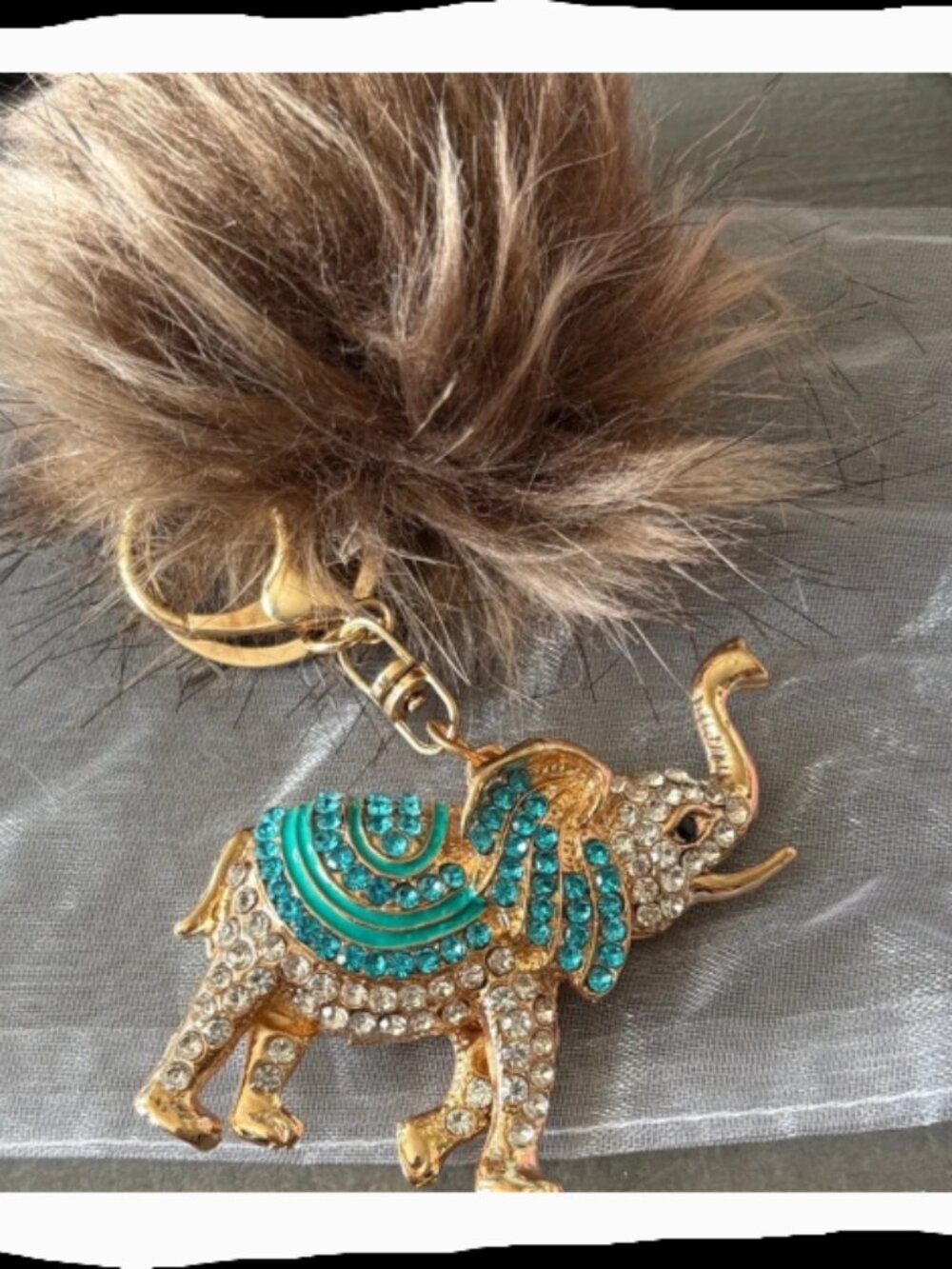 Gold & Teal Elephant Keychain with Faux Fur Pom Pom – Cute & Stylish Accessory